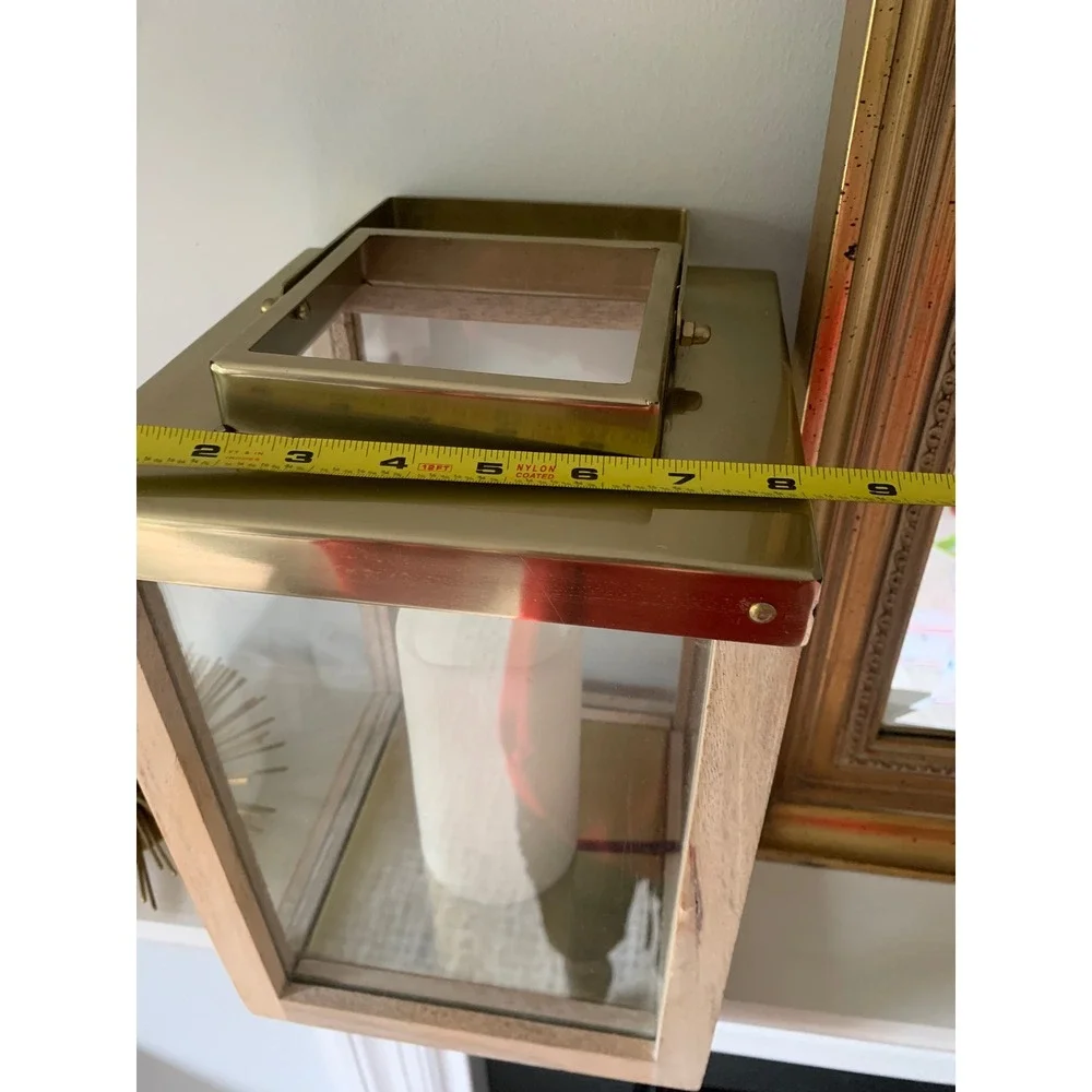 Wood and Brass Metal Decorative Candle Lantern Glass Panels Rustic Farmhouse‎